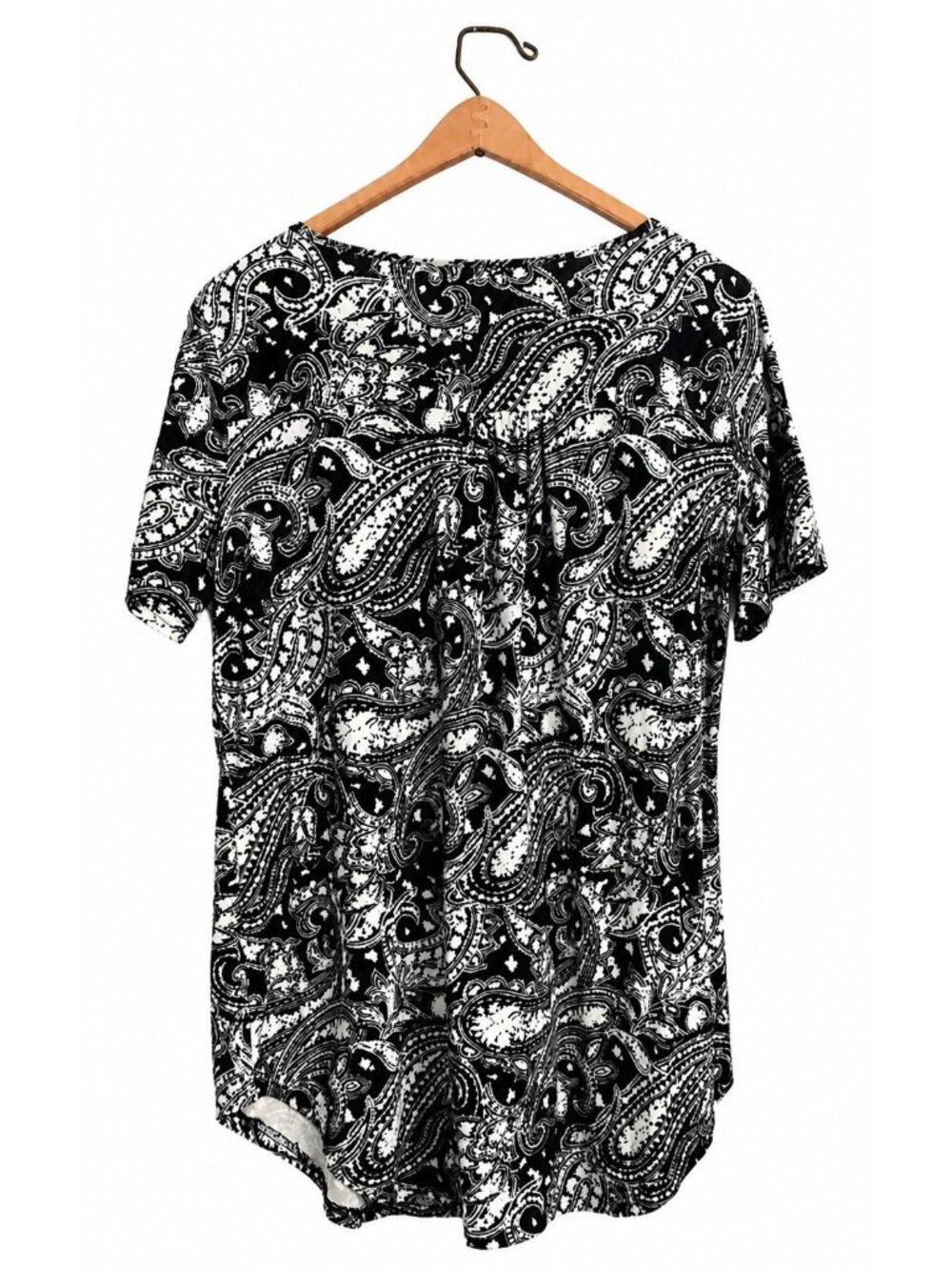 Halife Women's Black White Paisley Blouse XL V Neck Short Sleeve Stretch Top